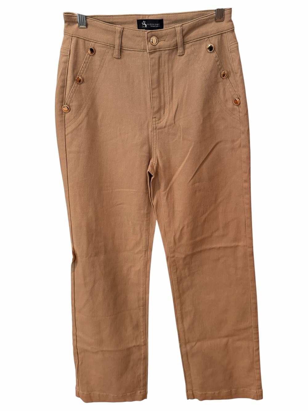 Alison Sheri Camel Straight Leg Pants Gold Button Detail Small NWT